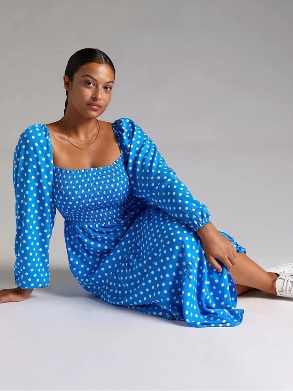 Dolan Turquoise Blue & White Polka Dot Smocked Long Sleeve Midi Dress Size Small